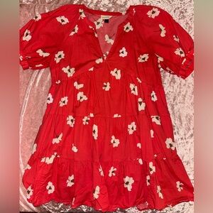 Red dress with cream colored flowers